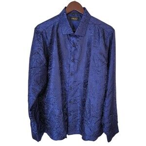 DiBanGu Men’s Dress Club Shirt L Blue Paisley Jacquard Silk Blend Long Sleeve
